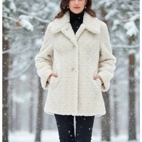 Alfani Faux Fur Rosette Coat Button Front Cream Sz L EUC - Picture 9 of 9